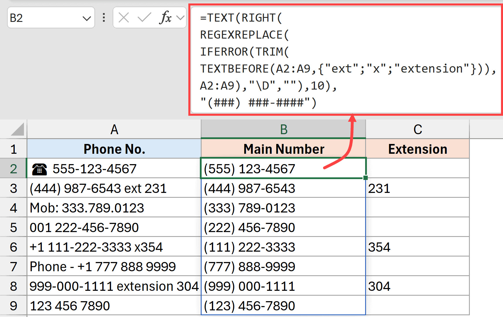 Công thức lấy số điện thoại chính trước phần extension