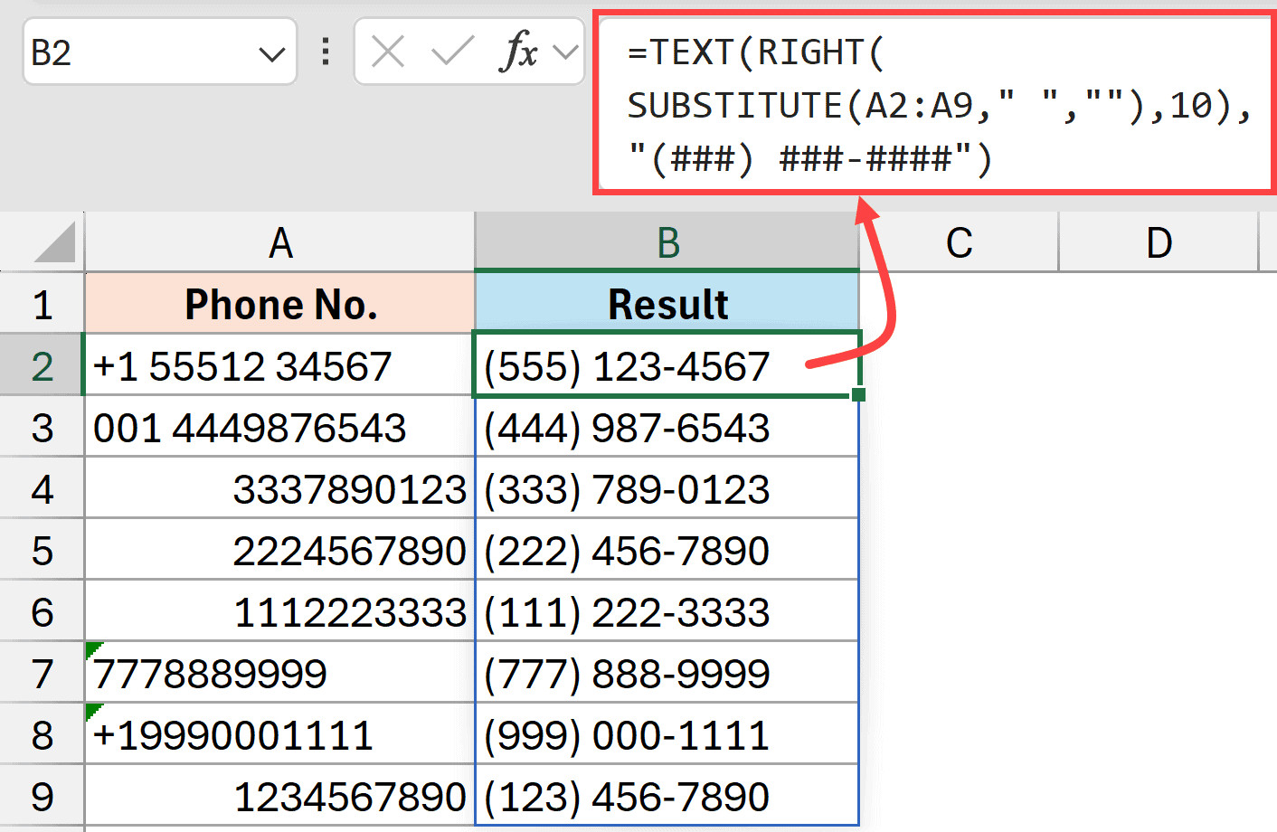 Công thức loại bỏ khoảng trắng và lấy 10 số cuối để định dạng