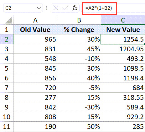 Công thức nhân giá trị gốc với tỷ lệ thay đổi để ra giá trị mới