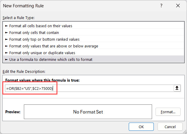 Công thức Or trong định dạng có điều kiện