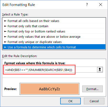 Công thức phức hợp để tìm kiếm một phần chuỗi ký tự