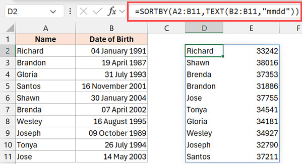 Công thức SORTBY để sắp xếp ngày theo tháng