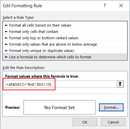 Công thức sử dụng nhiều điều kiện để tô màu dòng