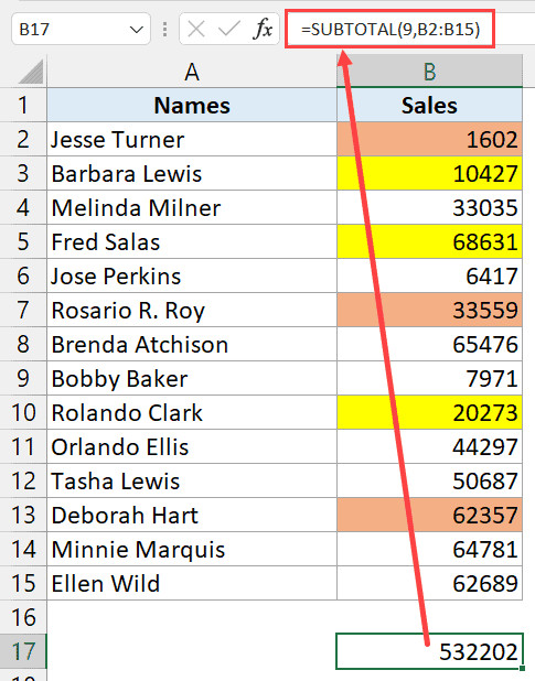 Công thức Subtotal được nhập vào ô để tính tổng doanh số
