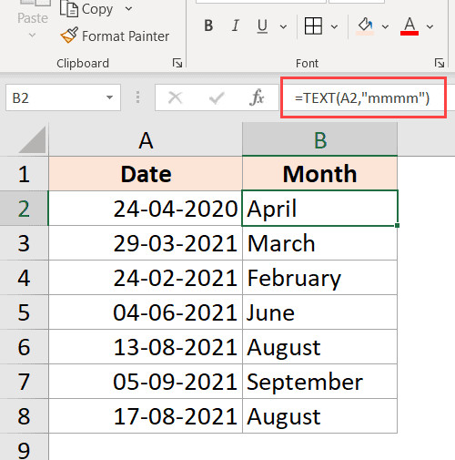 Công thức TEXT để lấy tên tháng từ ô dữ liệu