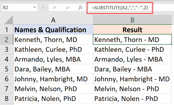 Công thức thay thế dấu phẩy thứ hai bằng dấu gạch ngang