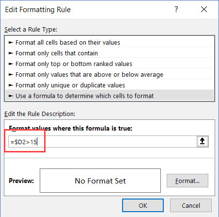 Công thức tô màu dòng có giá trị lớn hơn 15