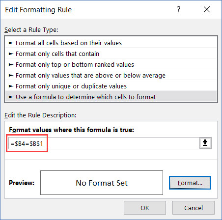 Công thức tô màu toàn bộ hàng dựa trên cột B