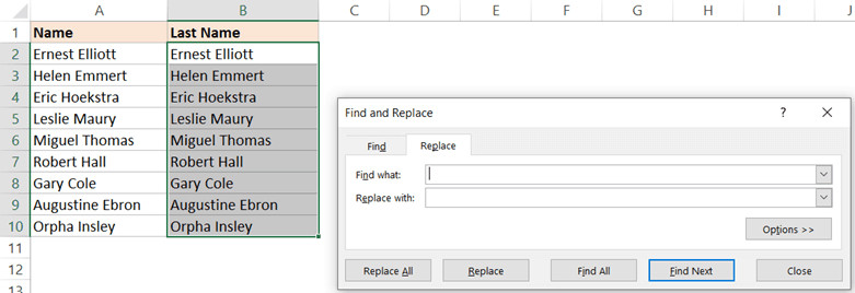 Control H to open find and replace dialog box
