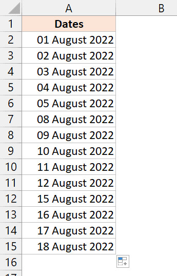 Cột dữ liệu sau khi đã được điền chỉ các ngày làm việc trong tuần