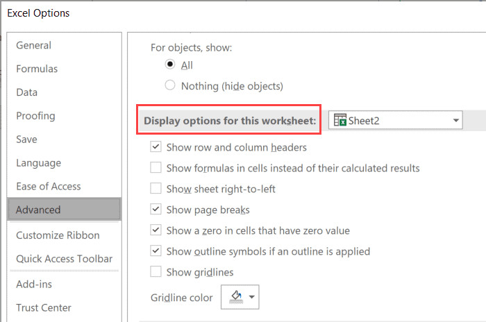 Cuộn xuống phần tùy chọn hiển thị cho bảng tính này