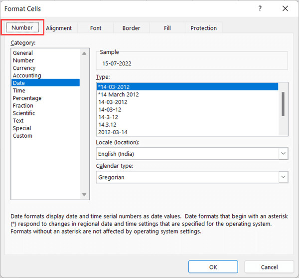 Đảm bảo thẻ Number được chọn trong hộp thoại