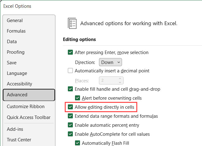 Đảm bảo tùy chọn Allow editing directly in cell đã được tích chọn