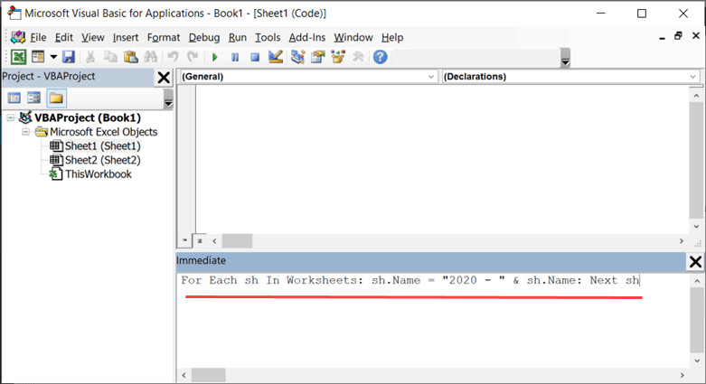 Dán mã VBA vào cửa sổ Immediate