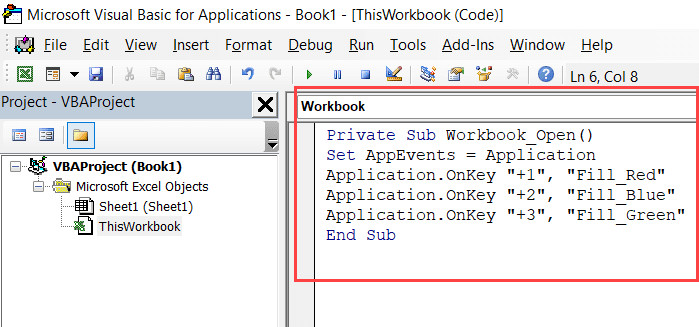 Dán mã VBA vào cửa sổ ThisWorkbook để kích hoạt phím tắt khi mở file