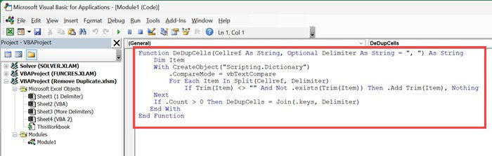 Dán mã VBA vào Module để tạo hàm tùy chỉnh DeDupCells