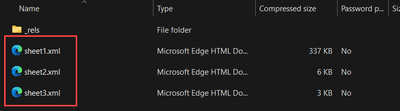 Danh sách các file xml đại diện cho từng sheet trong thư mục worksheets