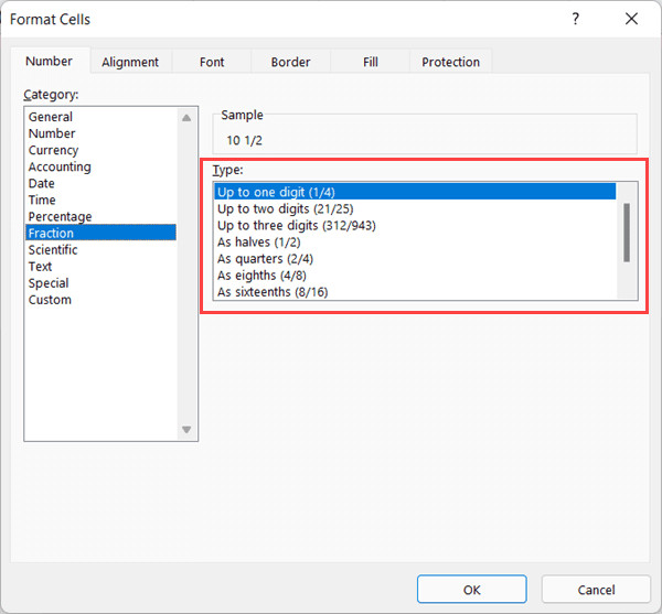 Danh sách các kiểu định dạng phân số có sẵn để lựa chọn