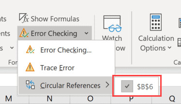 Danh sách các ô bị lỗi tham chiếu vòng hiển thị trong menu con của Error Checking