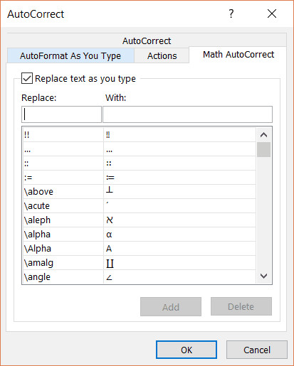 Danh sách ký hiệu toán học trong Math Autocorrect