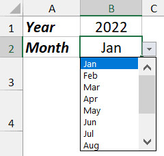 Danh sách thả xuống cho phép chọn tháng trong Excel