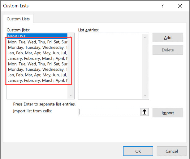 Danh sách tùy chỉnh mặc định có sẵn trong Excel như ngày và tháng