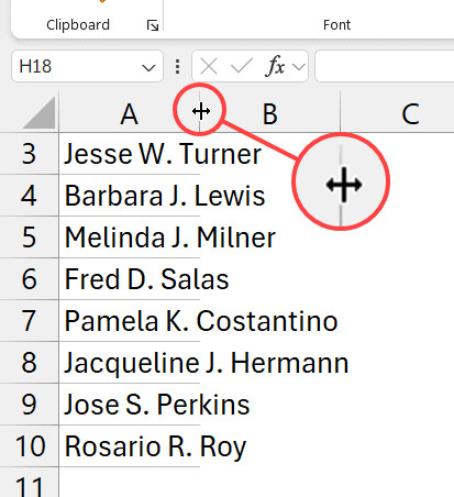 Đặt con trỏ chuột tại cạnh của tiêu đề cột