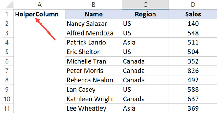 Đặt tên cho cột phụ là HelperColumn tại ô đầu tiên