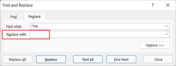 Để trống ô Replace with để xóa nội dung tìm được