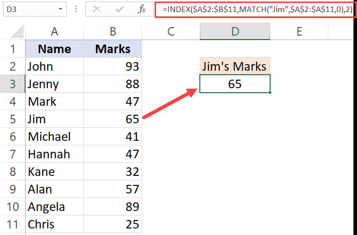 Điểm của Jim sử dụng Index Match