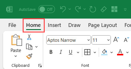 Điều hướng đến tab Home trên thanh công cụ Excel