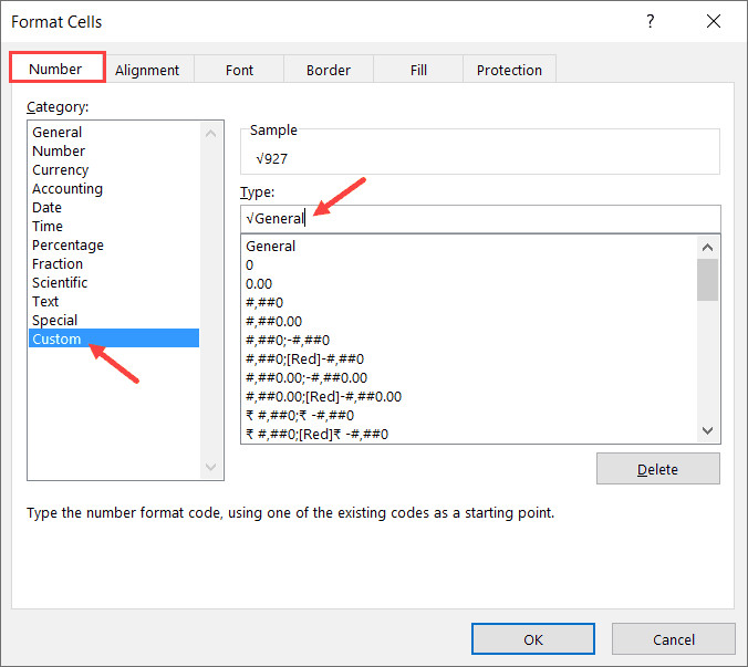 Định dạng ô hiển thị dấu căn bậc hai mà không đổi giá trị