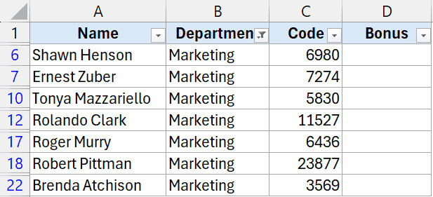Dữ liệu đã được lọc theo phòng Marketing