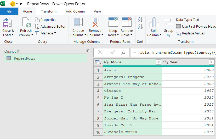 Dữ liệu được hiển thị trong giao diện Power Query
