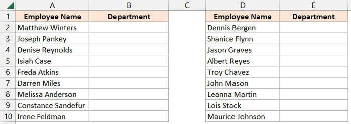 Dữ liệu mẫu có hai cột chứa danh sách thả xuống giống nhau