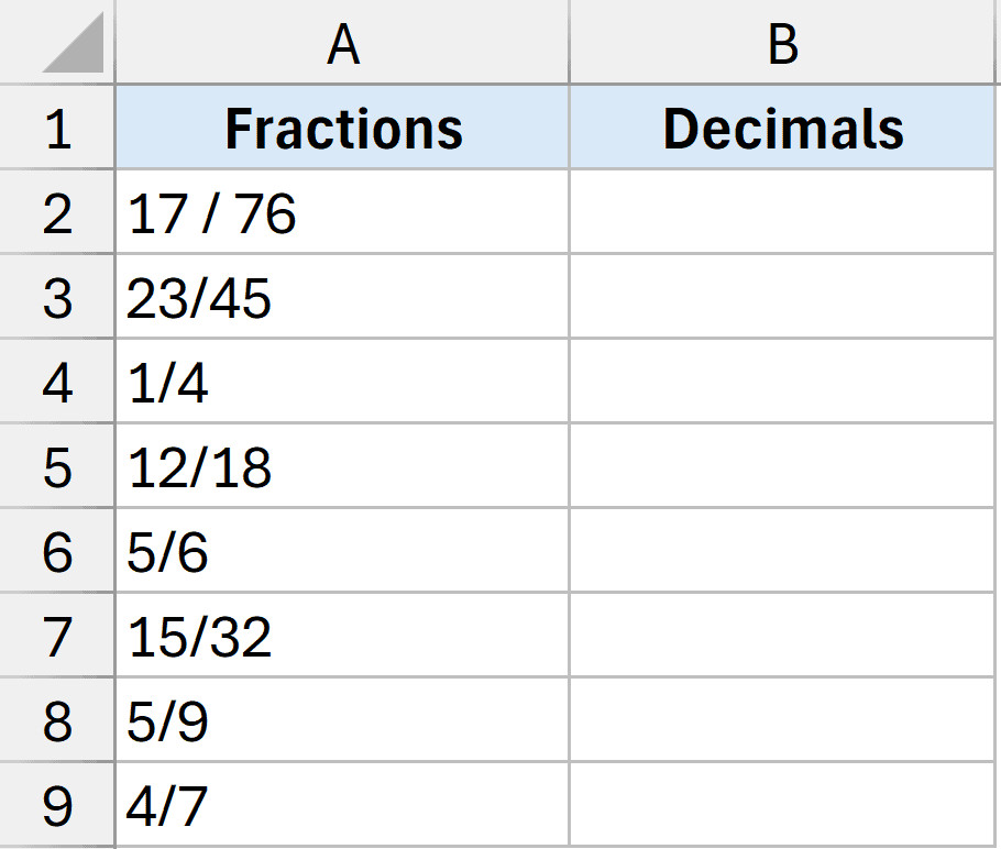 Dữ liệu mẫu để áp dụng công thức chuyển đổi phân số