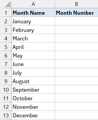 Dữ liệu mẫu để tìm số tháng từ tên