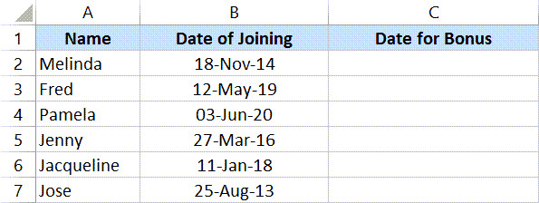 Dữ liệu mẫu để tính ngày trao thưởng dựa trên ngày vào làm