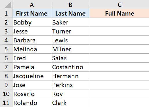 Dữ liệu mẫu gồm cột Họ và cột Tên riêng biệt cần được gộp lại