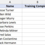 Dữ liệu mẫu gồm tên nhân viên và cột trạng thái hoàn thành đào tạo