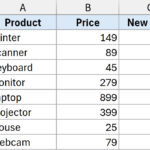 Dữ liệu mẫu gồm tên sản phẩm và giá tiền cần tăng phần trăm trong Excel