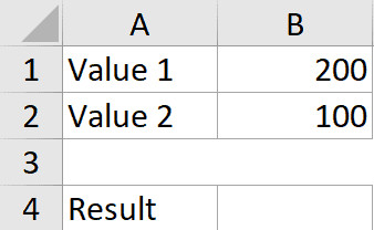 Dữ liệu mẫu nằm tại ô B1 và B2 cần thực hiện phép trừ