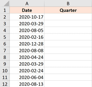 Dữ liệu mẫu với cột ngày tháng cần chuyển đổi sang quý trong Excel