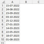 Dữ liệu ngày tháng cần chuyển đổi trong cột A Excel