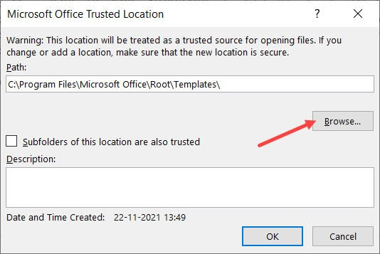 Duyệt tìm thư mục để thêm vào vị trí tin cậy