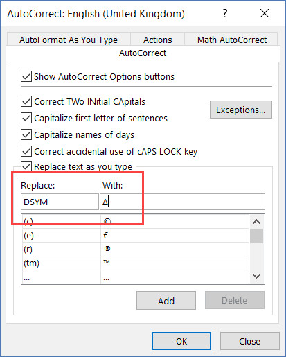 Enabling autocorrect to type delta symbol in Excel