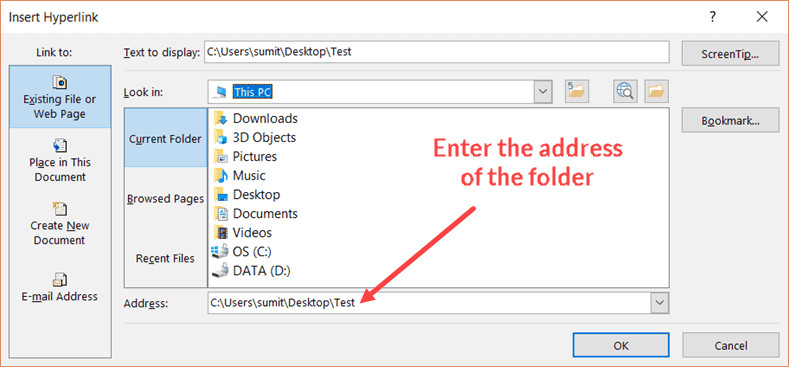 Enter the address of the folder to create a link to it