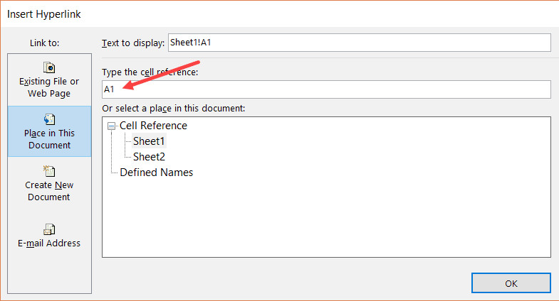 Enter the cell to which you want to link