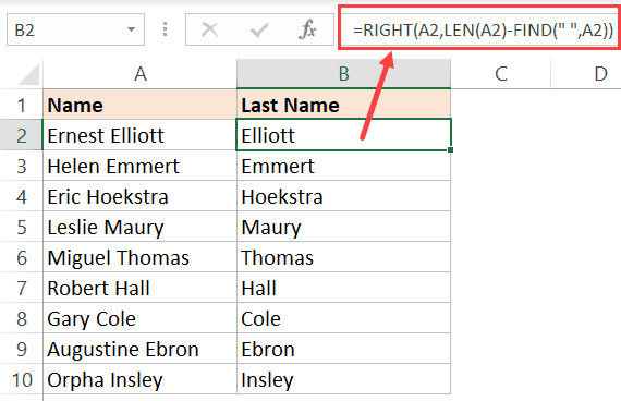Excel Formula to get the last name from full name