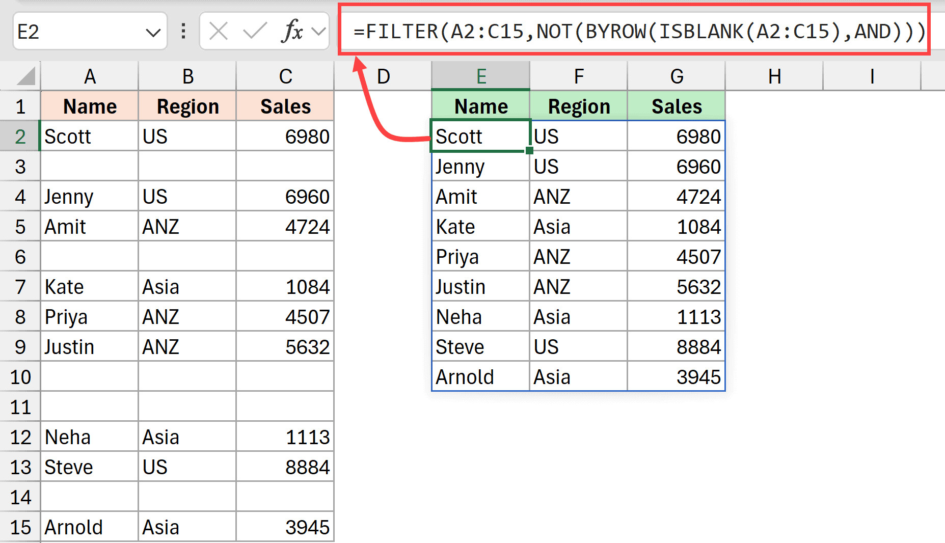 Filter formula to remove blank rows in Excel